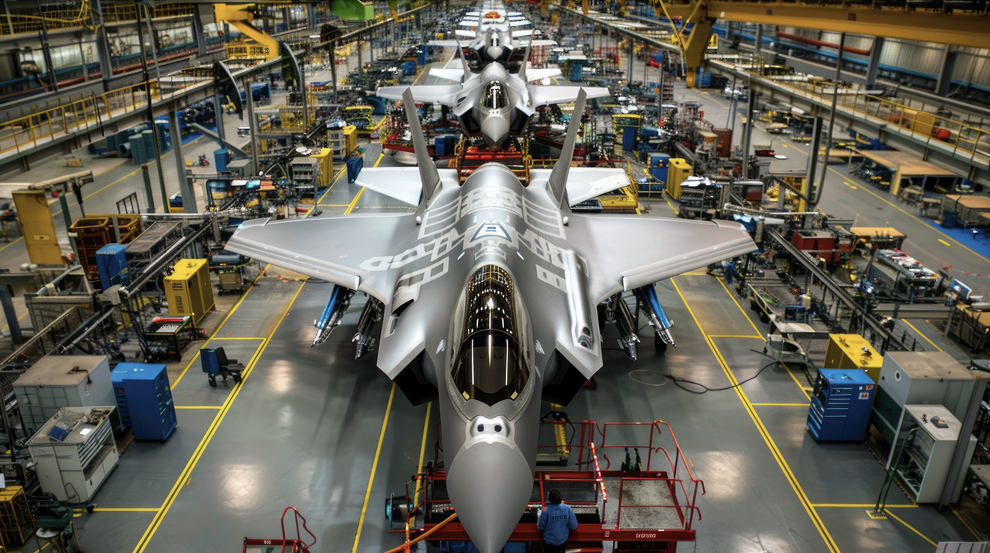 Military aircraft on a manufacturing line