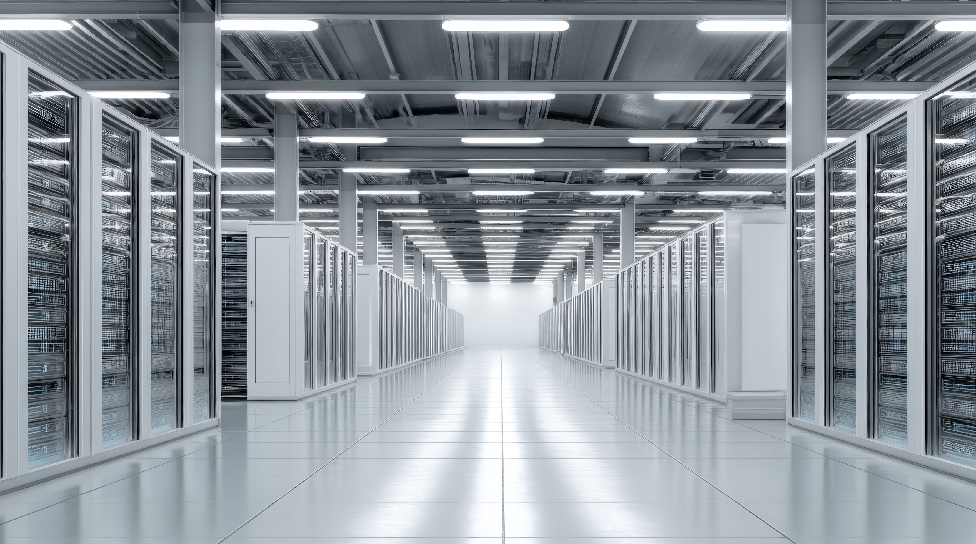 Data center hallway with rows of server racks